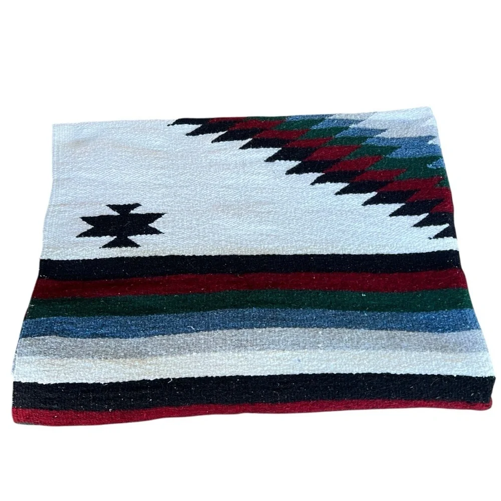 Mexican Woven Diamond Serape Fringed Blanket Rug Blue Red Green 46x71 GUC
